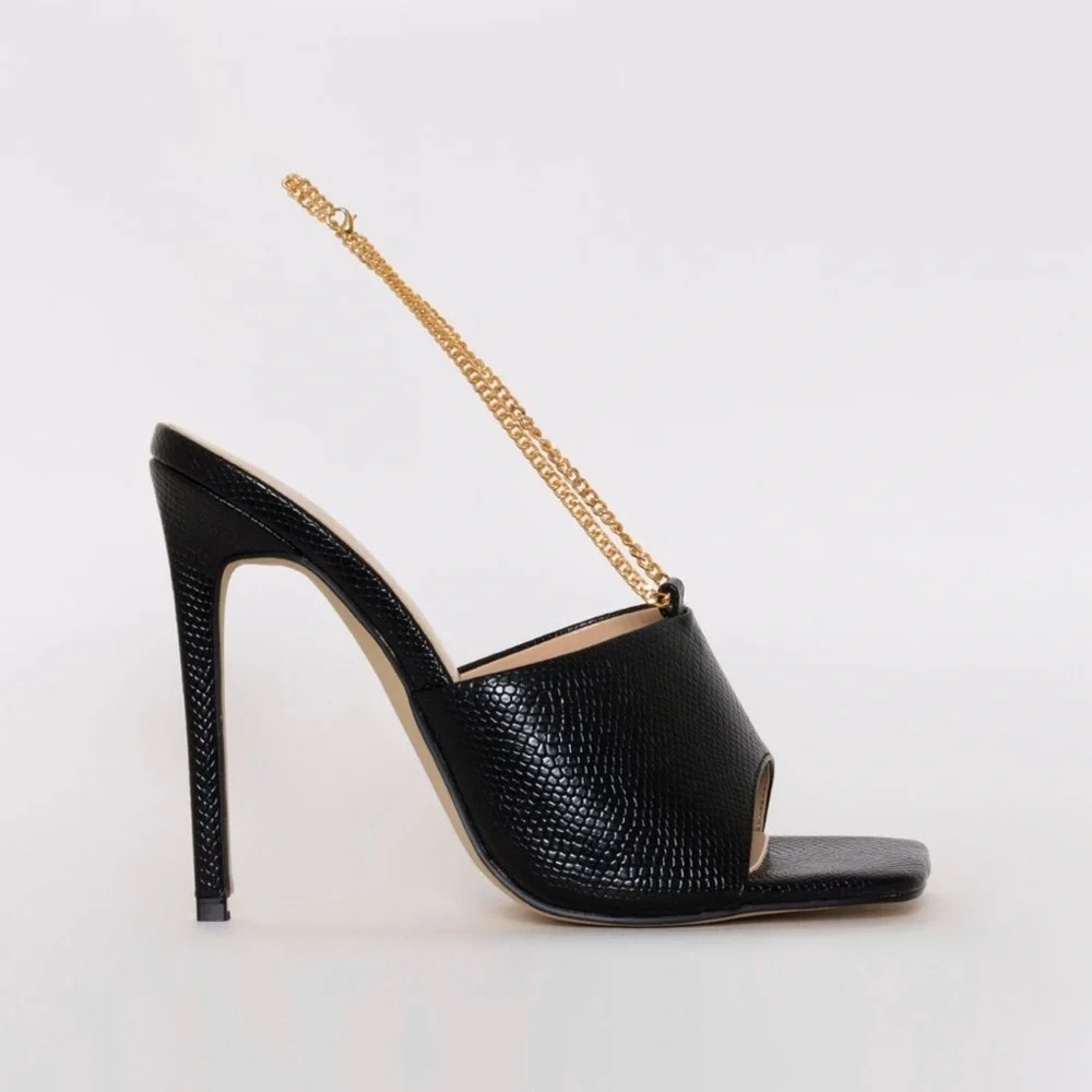 Black snake print stiletto mules with a gold chain US size 8 - Picture 1 of 7